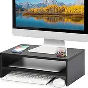 Wood Monitor Stand Riser, Laptop Printer Stand, Wood Desk Organizer, Desktop Screen Riser with Storage Design, Computer Monitor Stand (2 Tiers) (Black)