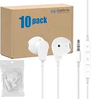 Geekria 3.5mm Plug Earphones with Microphone, Quality Wired Headphones Bulk Pack, Stereo Semi in-Ear Headphones with Mic and Volume Control, Affordable Wholesale Earbuds (10 Pack, White)
