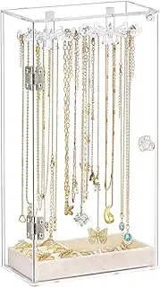 [UDERUI] Acrylic Necklace Holder, Clear Necklace Organizer with Velvet Tray Display for Rings Earrings, Rotatable Necklace Holder with 24 Hooks, Dust-proof