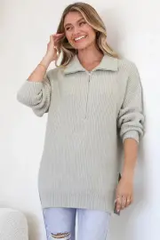 Lorelai Jumper - Chunky Collar with Zipper Detail Long Knit Jumper in Grey