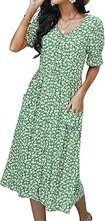 [Vaiaye] Womens Midi Dresses Bohemian V Neck Short Sleeve Corset Elastic Waist Summer Dress
