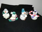 Very Cute Hand Painted Ceramic; 4 little snowmen with snowflake, shovel, C cane