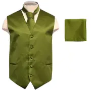 New Brand Q Men's Tuxedo Vest Waistcoat Necktie & Hankie Set Solid Olive Party