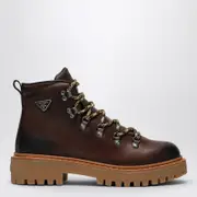 [Prada] Ebony-coloured leather lace-up boot 40 IT Brown