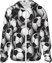 [FHEDVBN] Men's UPF 50+ Black and White Soccer Ball Pattern Sun Protection Hoodie Long Sleeve Rash Guard Hiking Running Workout Shirt