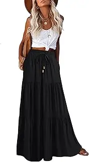 [HAEOF] Women's Summer Boho Maxi Skirt A-Line Flowy Ruffle Tiered Elastic High Waist Beach Long Skirts with Pockets