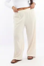 Beige Rib Jersey Wide Leg Lounge Pants