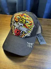 Ed Hardy Trucker Hat EmbroideredTattoo Tiger Head Black MeshSnapback Cap