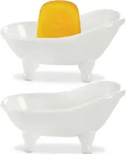 2 Pack Ceramic Soap Dish Bathtub, White Decorative Bar Soap Holder, Small Porcelain Soap Tray With Drainage Hole For Shower Bathroom Vanity.