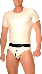 [DAIJES] White Latex Rubber Round Neck Shirt with Briefs Crotch Zip for Men(white and black,XXL)