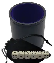 (6) 16mm Pip Dice Bone Tone w/Pouch +Black PU Leather Black Felt Lined Dice Cup