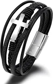 [HEIX] Mens Multilayer Braised black Leather Cross Bracelet Magnetic Stainless Steel Clasp Gift Idea for Men & Boys Jewelry (Black)