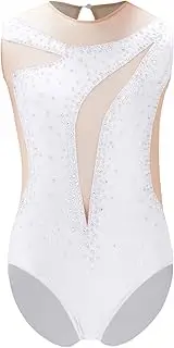 [Aislor] Kids Girls Sleeveless Gymnastic Tank Leotard Shiny Diamond One Piece Mesh Patchwork Ballet Dance Unitard Biketard