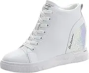 [Ckrola] Womens Fashion Rhinestone High Top Sneakers Hidden Wedge Heel Platform Walking Shoes