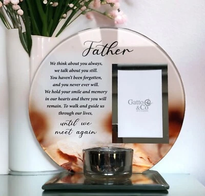 Father Memorial Glass Photo Frame with Tealight Candle Holder Remembrance Plaque