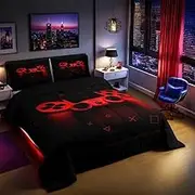 Boys Gamer Comforter Set Queen Size,Gamepad Bedding Set Kids Young Man Video Games Down Comforter for Teen Child Game Room Decor Black Red Classic Retro Gaming Quilted Duvet Set with Pillowcase