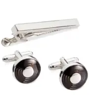 Geoffrey Beene Polished Rhodium Circle Cufflinks with Black Enamel Tie Clip