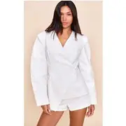 White Premium Linen Tailored Cocoon Sleeve Cinched Blazer, White