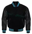 Varsity Letterman baseball All Black Wool Bomber style Sky Blue Trimming Jacket