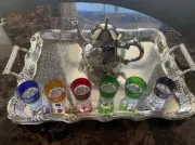 Moroccan Handmade Silver Plated Tea Set Teapot, Tray, Set Of 6 Tea Cups