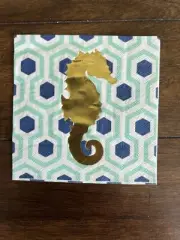Three (3) Single Paper Napkins For Decoupage Seahorse Teal Blue White Gold Sea
