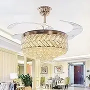 FanLighting 42 Inch Invisible Reversible Ceiling Fan with LED Lights and Remote Control, 4 Retractable Blades Fan Chandelier for Bedroom, Indoor Crystal Ceiling Light Kits with Fans (Gold)
