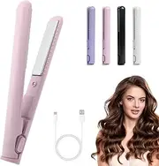 New Mini DualPurpose Curling Iron, 2-in-1 Mini Curling Iron and Hair Straightener, Portable Travel Straightener and Curling Iron Mini Curling Iron, All Hair Types (Pink)
