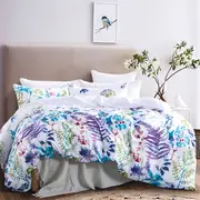 Turquoise Blue Purple Botanical Flower Leaf Quilt Cover Set /optionals( Queen / King / Super King / Double / Single / Extra Pillowcase options)