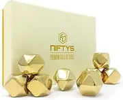 [NIFTY5] Premium Gold Ice Cubes, Whiskey Stones Set of 8 Stainless Steel Diamond Shaped Reusable Chilling Rock Stones Gold Edition Gift Set Including Silicone Tip Tongs and Storage Tray