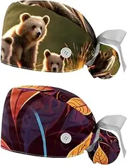 [YTYVAGT] 2-Pc,Nurse Scrub Caps,Scrub Hats with Buttons and Cotton Sweatband,Jungle Animal Bear Pattern