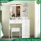 Dressing Table Desk Stool Set w/ LED Lighted Makeup Mirror Vanity Table 6 Drawer