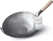 Mammafong Authentic 14-Inch Hand-Hammered Carbon Steel Wok – Flat Bottom Traditional Pow Wok for Stir-Fry, High Heat Cooking, and Wok HEI Flavour