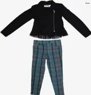 Blush by Us Angels Two Piece Girls Jacket & Plaid Pants Set Black/Teal 6/6X NWT