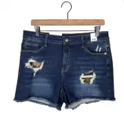 Judy Blue NWT XL Camo Patch Dark Wash High Waist Distressed Denim Shorts