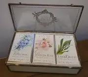 Crabtree & Evelyn WISTERIA Lily of Valley EVELYN ROSE Set 3 Soaps IN GLASS BOX