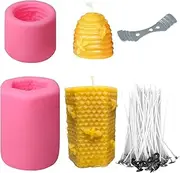 2 Pack Bee Honeycomb Candle Mould, 50 Roots Low Smoke Candle Wicks and 1pc Metal Holder, Beehive Silicone Mould for Making Beeswax Candles