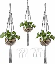 Macrame Plant Hanger 3 Pack Indoor Outdoor Hanging Planter Basket Rope 41 inch Wall Hanging Planters Basket Cotton Rope No Beaded Tassel Ceiling Plant Hanger with 6 Hooks Boho Home Terrace Decor -Grey