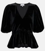 [Ganni] Ganni Puff-sleeve velvet jersey top AU 6 black