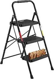 BONTEC 3 Step Ladder, Capacity 272KG with Wide Anti-Slip Pedals, Folding Steel Step Stool, Sponge Handlebar, Lightweight Portable Ladder Suitable for Home, Kitchen, Pantry, Indoor/Outdoor Use, Black
