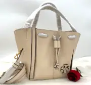 AUTH NWT $548 Tory Burch McGraw Pebbled Leather Drawstring Large Satchel-Brie
