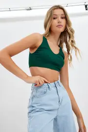 Green Tank Top V Neck Seamless - Size M, Women's Singlet