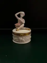Vintage Porcelain Ballerina Trinket Box Hinged Seated Dancer Jewelry Box