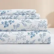 [HIGHBUY] Luxury Soft Queen Sheets Set White - Vintage Floral Sheet Set Cooling Bed Sheets Queen - 4 Piece Blue Floral Sheet Set - 16" Extra Deep Pocket,Breathable & Soft Sheets