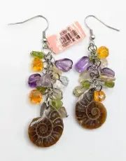 Ammonite Fossil Glass Gemstone Peridot Amethyst Bead Multicolor Cha Cha Earrings