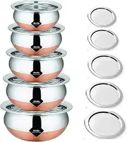 Handi Set Copper Bottom Handi Set/Cookware Set of 5 Pieces with lid Size: 1.600 L, 1.200 L, 0.850 L, 0.650 L, 0.400 L (Copper, Stainless Steel, Non-Stick) (with Lid)