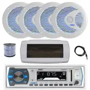 Pyle Bluetooth Marine Radio,Cover, Antenna,Wire, 4x 6.5'' 150W LED White Speaker