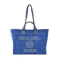 在飛比找PChome24h購物優惠-CHANEL 經典Deauville格紋帆布大號托特包(藍色