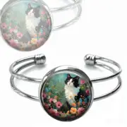 Tuxedo Cat Cuff Bracelet Vintage Spring Flower Garden Watercolor Cat Lover Gift
