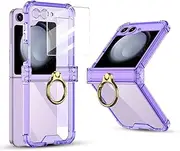 ELEPIK Samsung Galaxy Z Flip 5 Case with Ring Kickstand, Hinge Protection & Back Window Screen Protector, Purple Polycarbonate Protective Cover