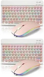 2 Pack Ultra-Slim Bluetooth Keyboard and Mouse Portable Rechargeable 7-Color Backlit for Apple iPad iPhone Samsung Tablet iPhone Smartphone iOS Android Windows Round Keys -Pink